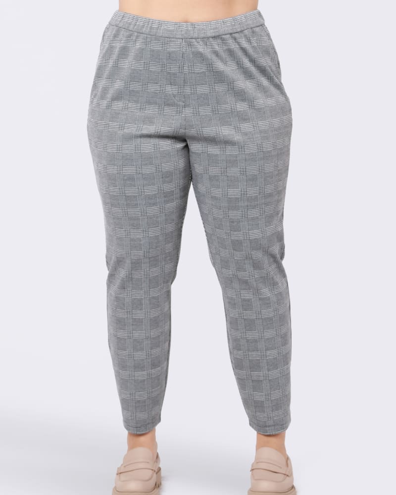 Front of a model wearing a size 0X Vanessa Pull On Knit Trousers in Black / Light Grey by DEX PLUS. | dia_product_style_image_id:237395